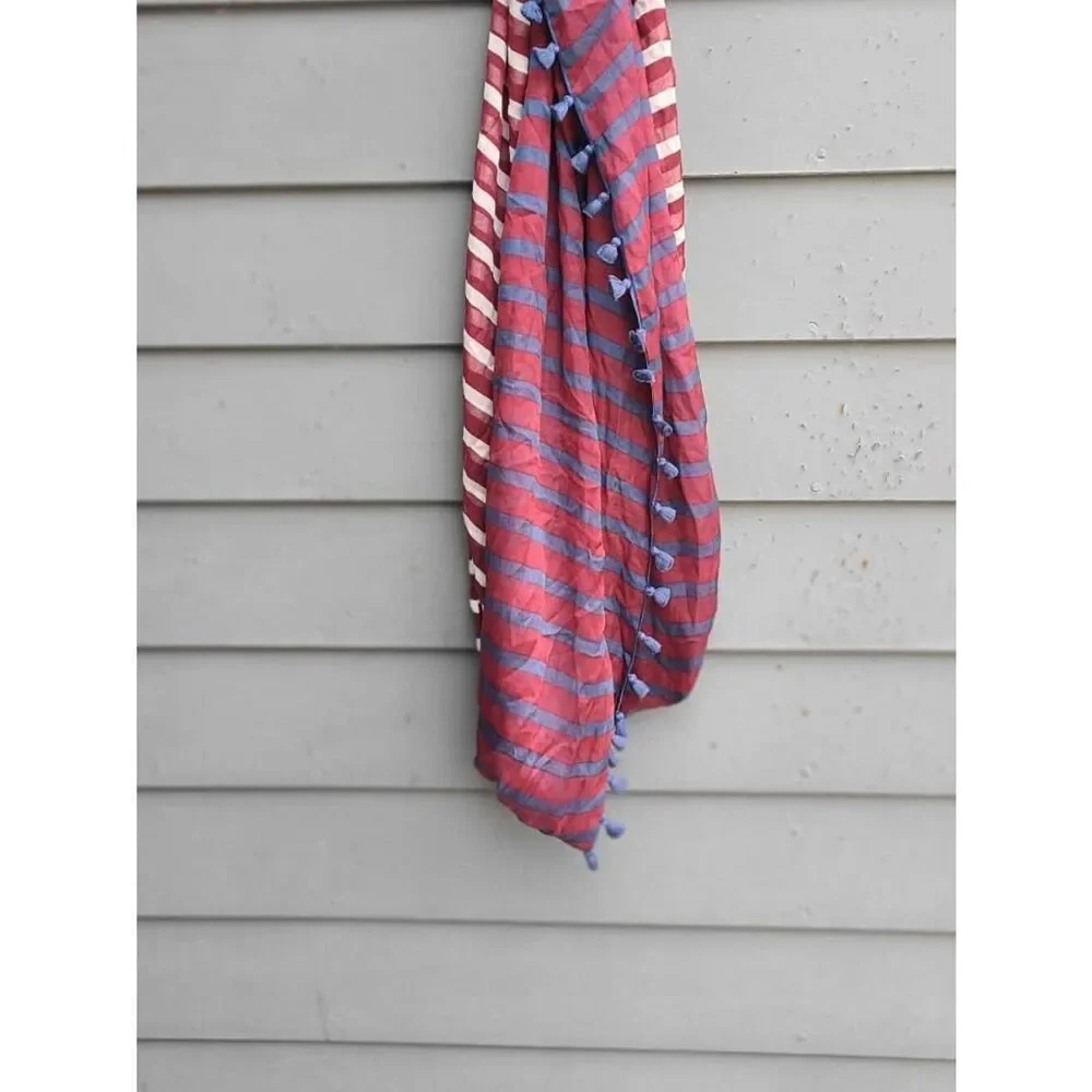 Burgundy Blue White Stripe Infinity Scarf with Fringe